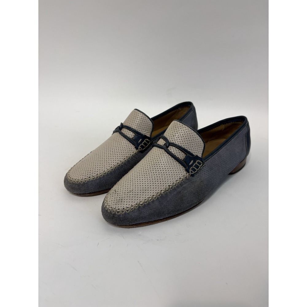 MAGNANNI Mens 7 Blue Cream Stitching Mixed Media Suede Leather Penny Loafers